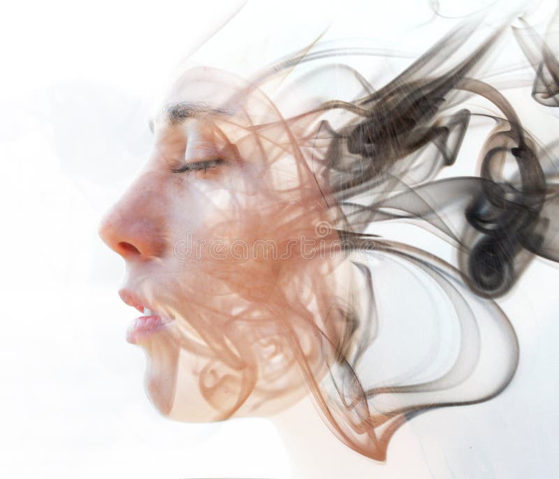 Double exposure portrait of a young fair-skinned woman