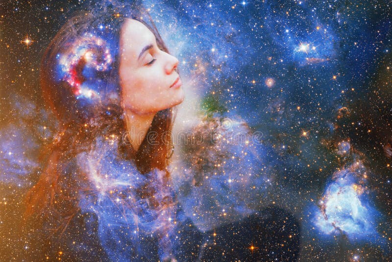 Double exposure portrait of a young woman close eye face with galaxy space inside head. Human inner peace, star light fire, life