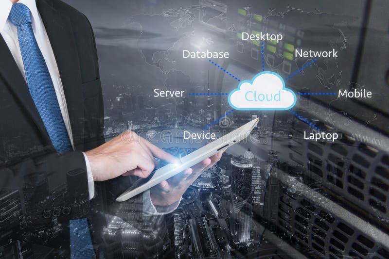 Double exposure of professional businessman connecting cloud stock photo