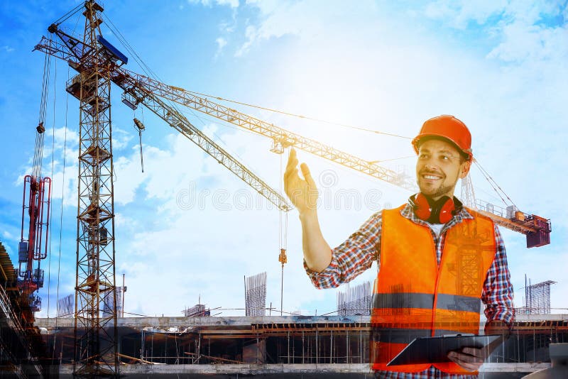 Double Exposure of Engineer in Safety Equipment and Construction Site Stock Image Image of