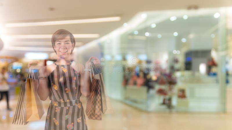 Double exposure of shopping happy woman in the department store stock photos Double exposure of shopping happy woman in the department store stock photos