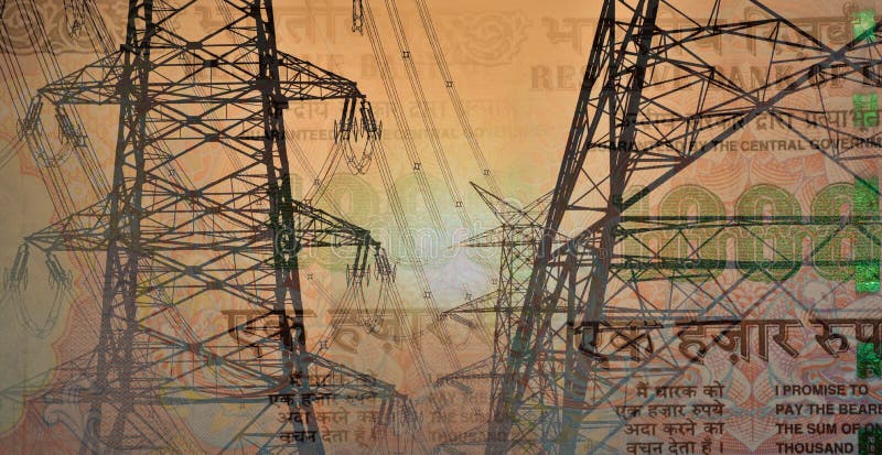High voltage electric tower or pylon with high power lines on 1000 Rupee India Currency or money note, double exposure shot with money and technology
