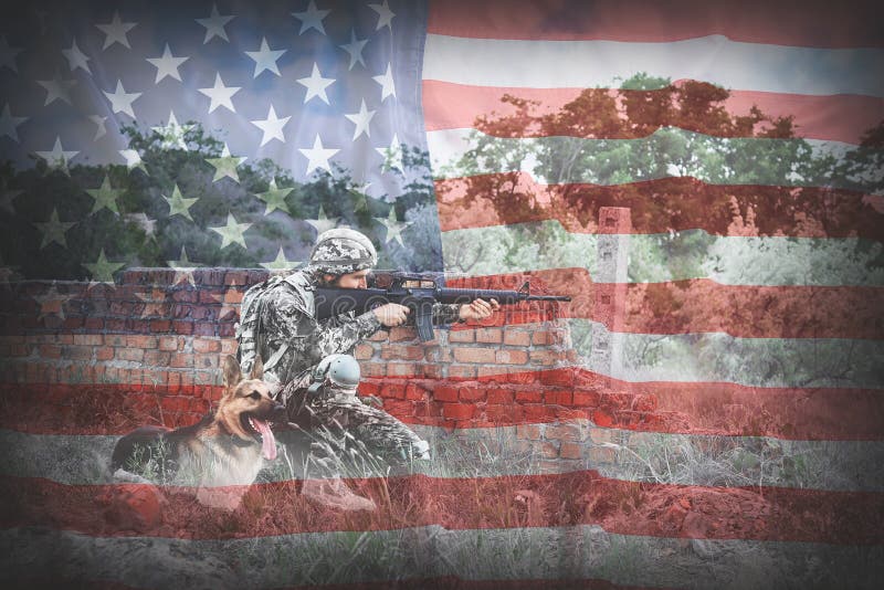 Double exposure of soldier with German shepherd dog, American flag. Military service