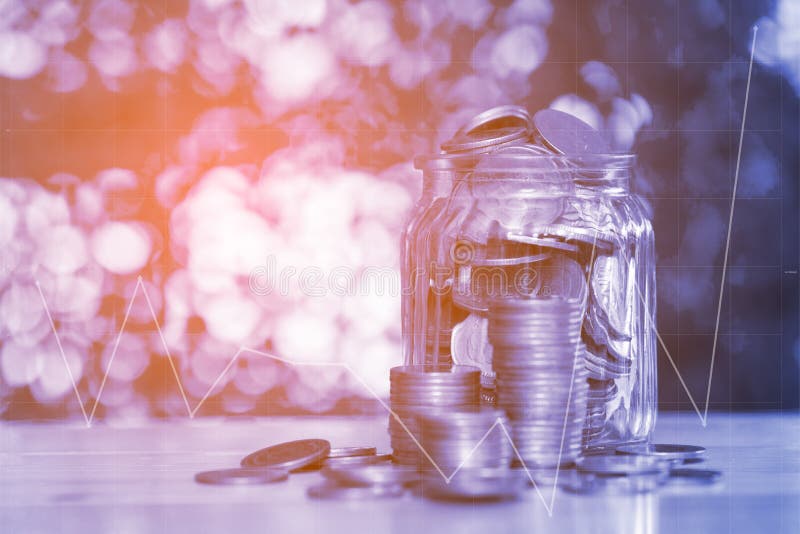 Double exposure of step of coins stacks and gold coin money in t royalty free stock photos