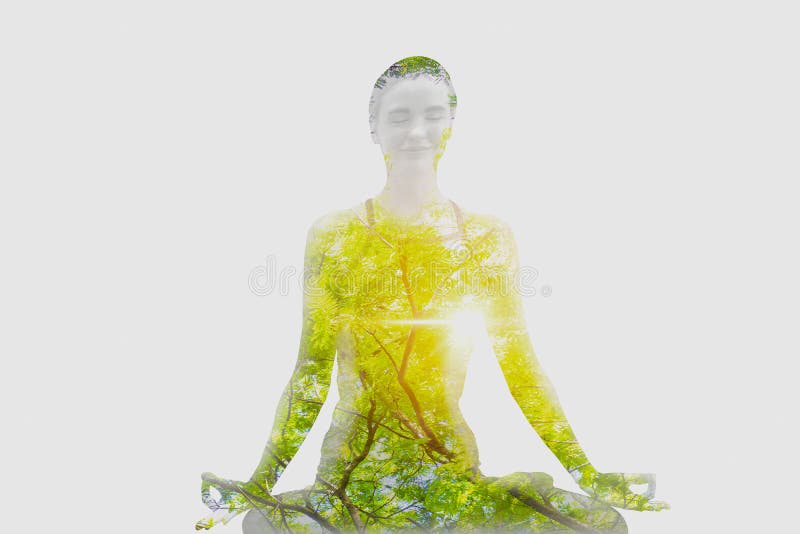 Double exposure-tranquility yoga woman meditation with branch large tree and leaf spreading,isolated white background, concept of