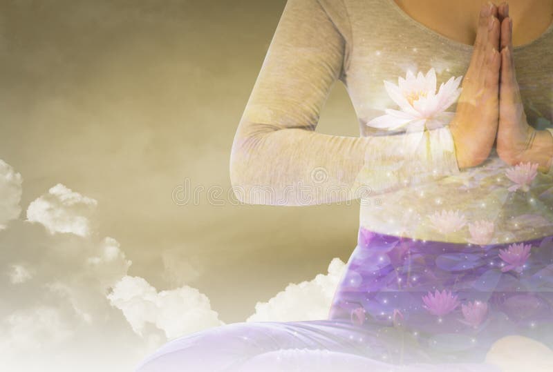 Double exposure - tranquility from yoga woman by meditation to purify mind,background evening after sunset,With concept of