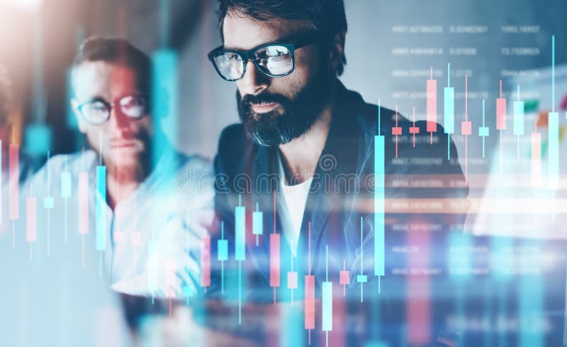 Double exposure.Two stock traiders making analysis of digital market and investment in block chain crypto currency stock photos Double exposure.Two stock traiders making analysis of digital market and investment in block chain crypto currency stock photos