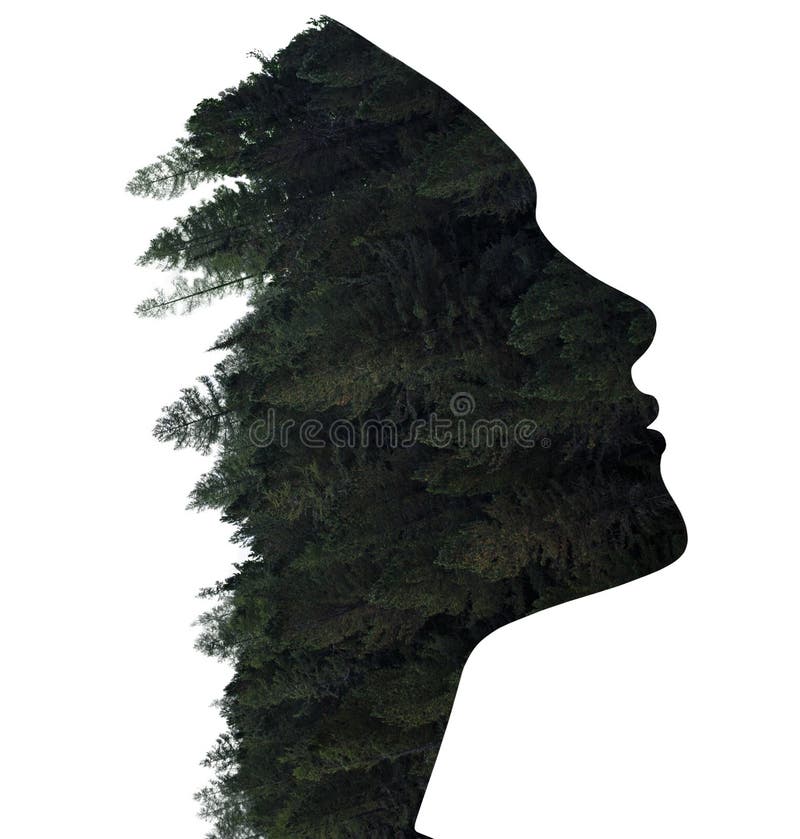 Double exposure of woman in profile and forest.