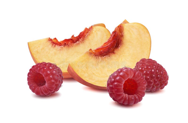 Double peach slice raspberry isolated on white background