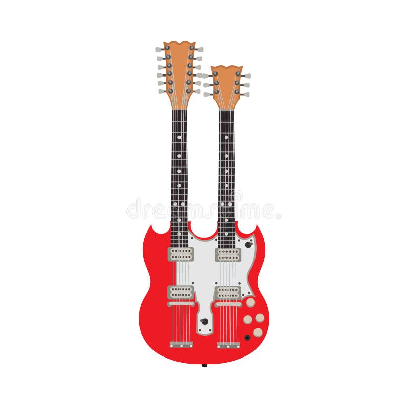 Double red electric guitar vector illustration rock instrument. Two flat design equipment bass. Isolated jazz song icon. Vintage