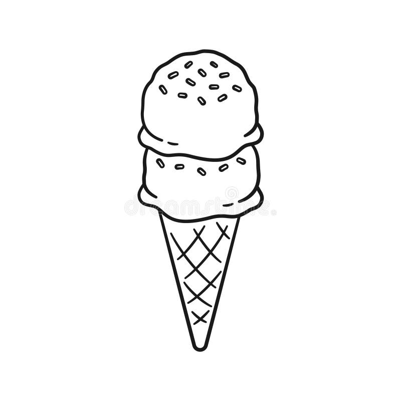 Double Scoop Ice Cream with Sprinkles on Sugar Cone Line Art Outline  Cartoon Illustration. Stock Vector - Illustration of children, design:  199847180