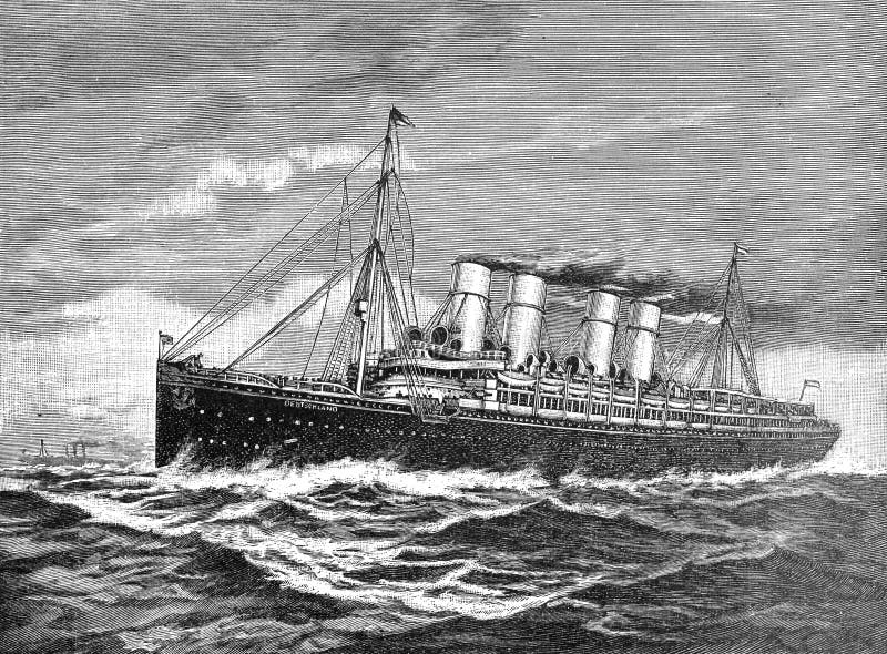 Double-screw steamer steam ship Germany 1900 to New York after the world war 1, Illustration from Brockhaus Konversations-Lexik