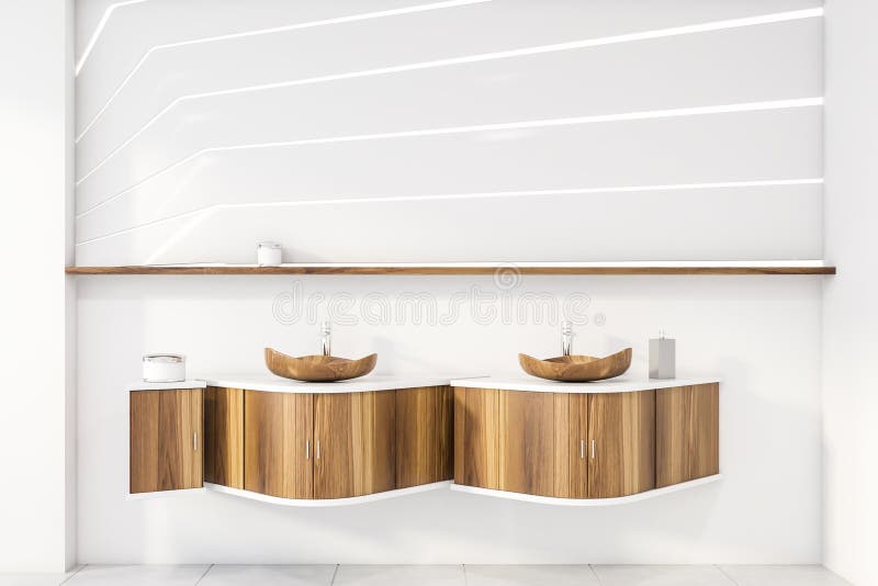 Double Sink In White And Wooden Bathroom Stock Illustration