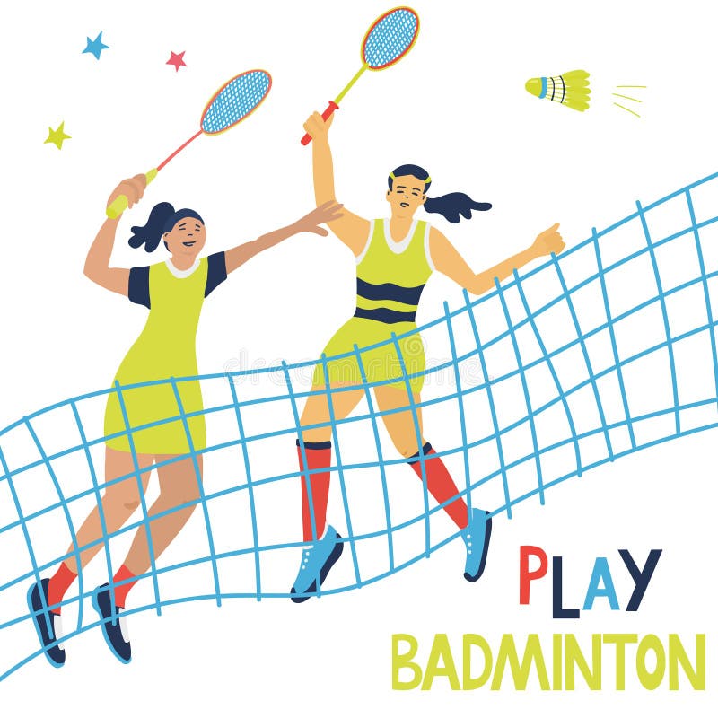 Doubles badminton game  sport poster with net and  women..