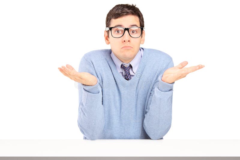 Doubtful man sitting and gesturing with hands royalty free stock images