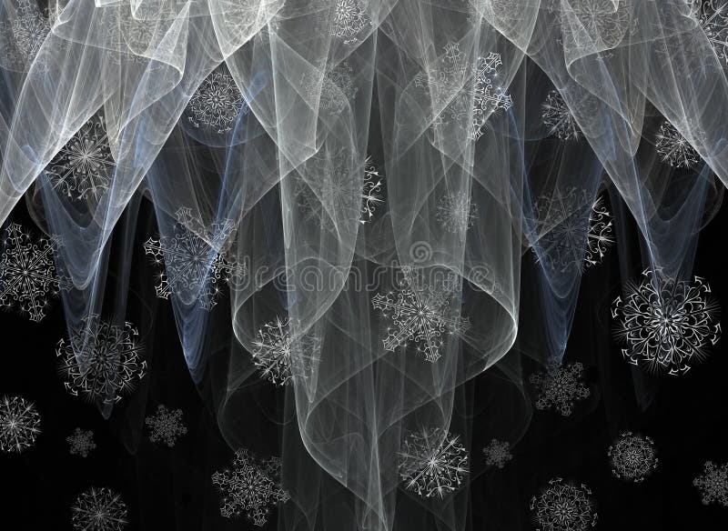 A conceptual image of snowflakes falling through wisps of sheer white. A conceptual image of snowflakes falling through wisps of sheer white