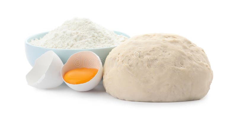 Dough, egg and flour on white background. Cooking pastries