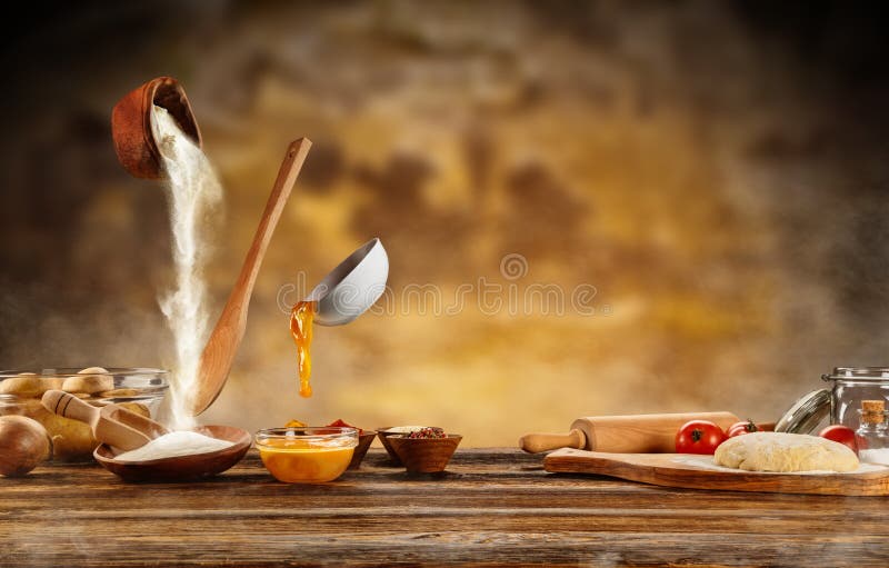 Dough preparation, baking ingredients placed on wooden table stock photos