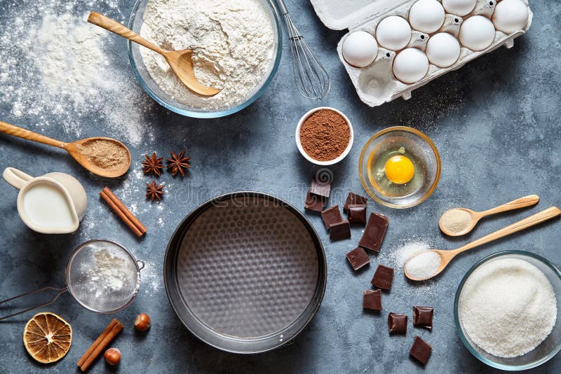 Dough preparation recipe bread, pizza, pasta or pie ingridients, food flat lay on kitchen table background.