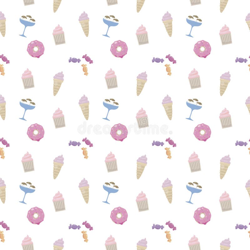 Doughnut γλυκών, παγωτό, cupcake, στιλπνός πολύχρωμος χαριτωμένος καραμελών στο άσπρο άνευ ραφής διανυσματικό σχέδιο υποβάθρου απεικόνιση αποθεμάτων Doughnut γλυκών, παγωτό, cupcake, στιλπνός πολύχρωμος χαριτωμένος καραμελών στο άσπρο άνευ ραφής διανυσματικό σχέδιο υποβάθρου απεικόνιση αποθεμάτων