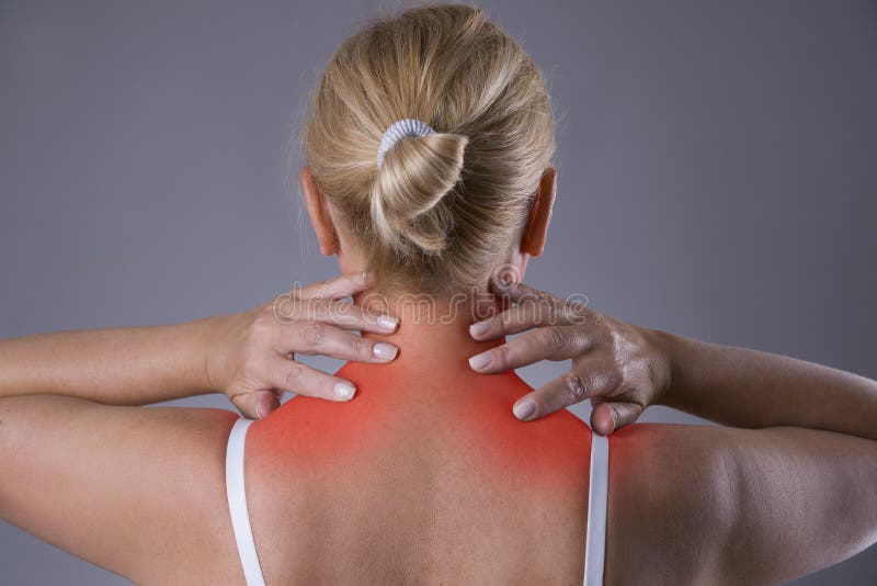 Douleur cervicale, massage du corps féminin, mal chez le corps du ` s de la femme photographie stock Douleur cervicale, massage du corps féminin, mal chez le corps du ` s de la femme photographie stock