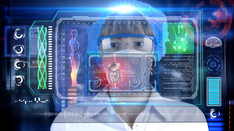 Doctor with futuristic hud screen tablet. intestine, digestive system. Medical concept of the future. Doctor with futuristic hud screen tablet. intestine, digestive system. Medical concept of the future.