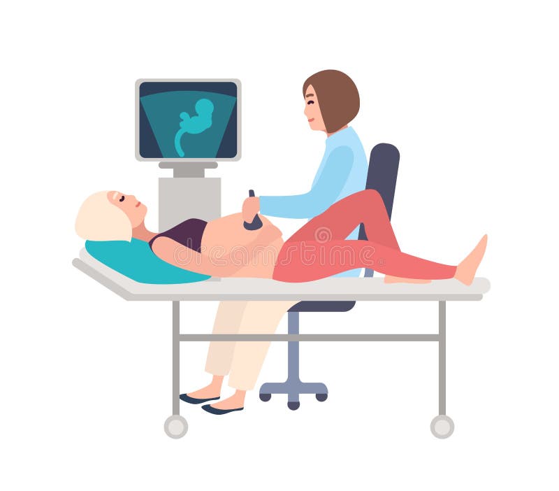 Doutor ou sonographer de sorriso que fazem o procedimento obstétrico da ecografia na mulher gravida com ultrassom médico ilustração stock Doutor ou sonographer de sorriso que fazem o procedimento obstétrico da ecografia na mulher gravida com ultrassom médico ilustração stock
