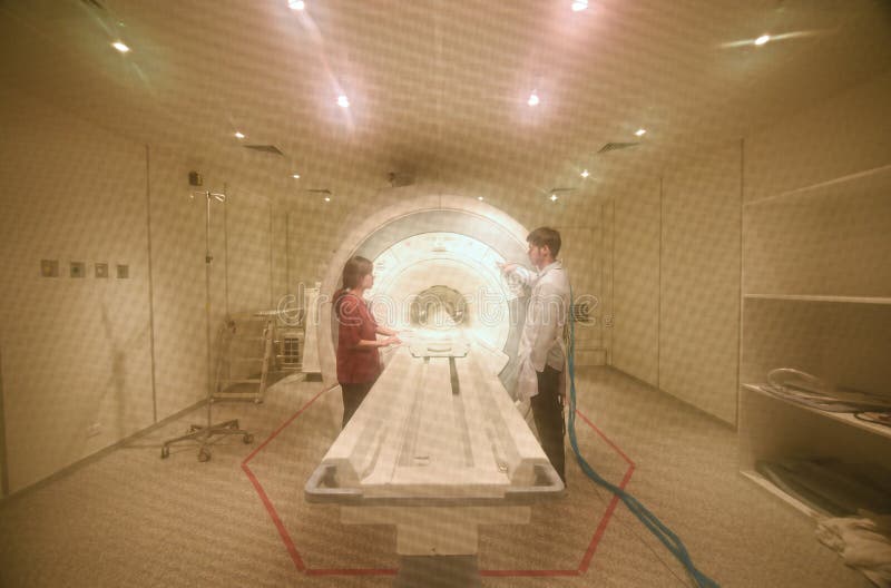 Doutor veterinário que trabalha na sala do varredor de MRI foto de stock Doutor veterinário que trabalha na sala do varredor de MRI foto de stock