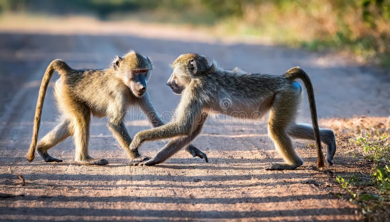 Două Baboons Chacma Baboons Jucăuș Frolicking on Track in African Savannah Sunset Chobe National Park Botswana Vibrant Moment of stock illustration