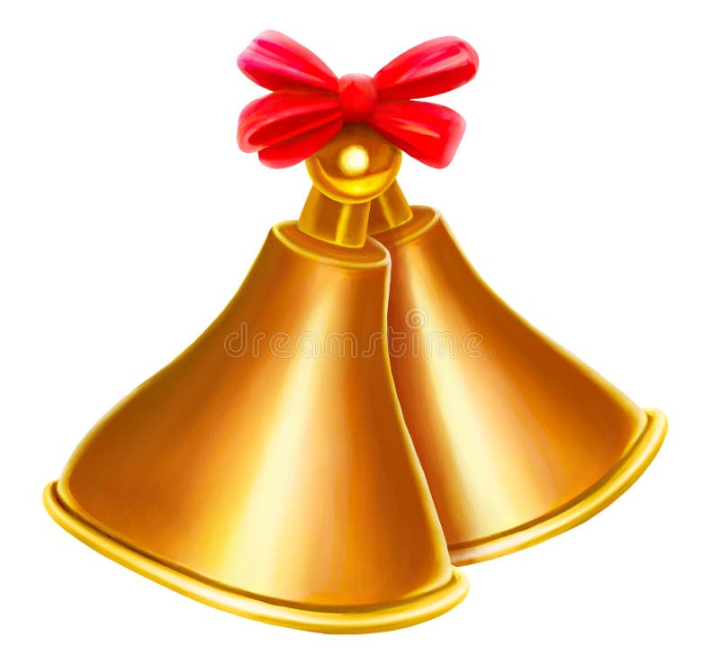 Două clopoței de aur din desene animate, cu arcul roșu izolat pe fond alb. ilustrare digitală royalty free illustration
