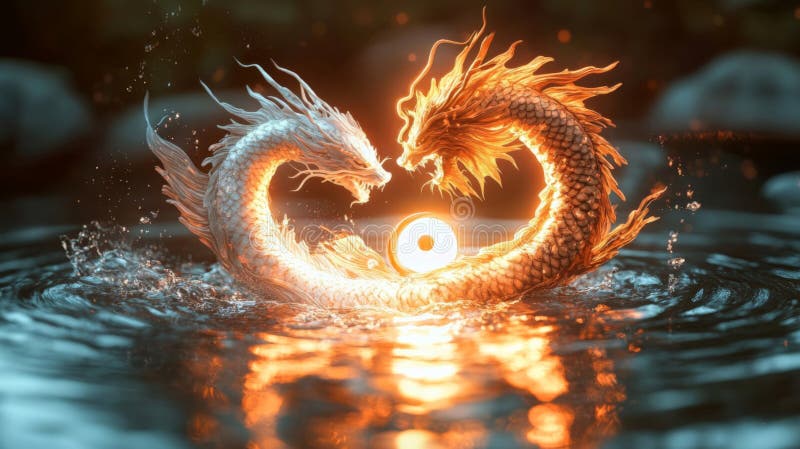 Două dragoni Imbratiseaza Yin Yang Simbol in Apa royalty free illustration