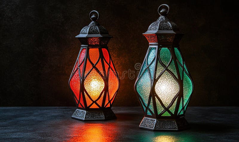 Două felii de ramadan colorate strălucitor pe fond întunecat stock illustration