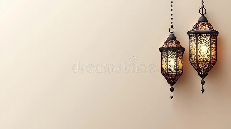 Două Felinare Ornate Agățate Iluminează Un Zid Bej stock illustration