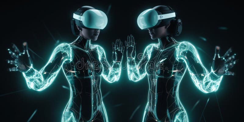Două fete în lumea metaversului sau a ta cu ochelari de soare și costum albastru futurist aprins. stock illustration