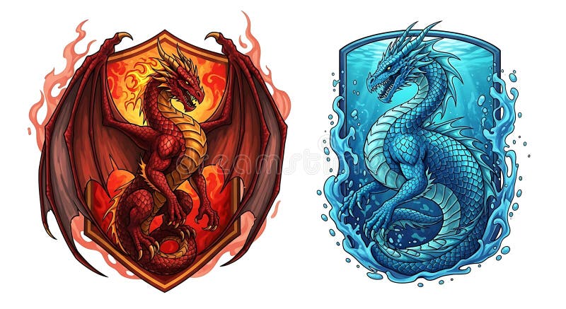 Două ilustrații detaliate ale dragonilor pe scuturi. Scutul din stânga are un dragon roșu royalty free illustration