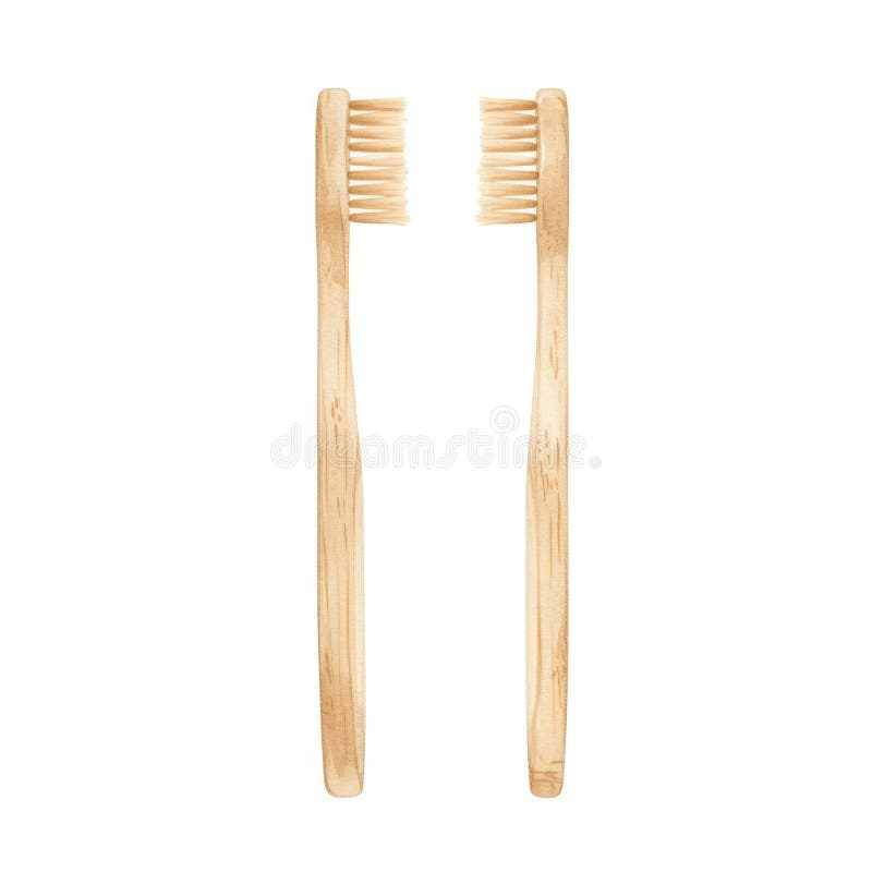 Două periuțe de dinți din bambus natural pe fundal alb stock illustration