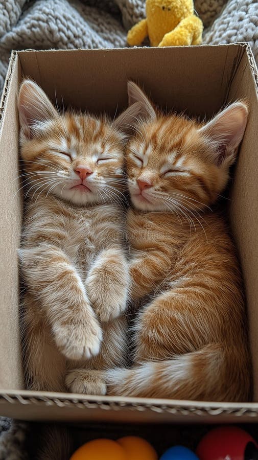 Două pisicuțe curbate împreună într-o cutie de carton mică stock photography