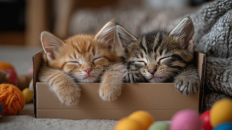 Două pisicuțe curbate împreună într-o cutie de carton mică stock photo