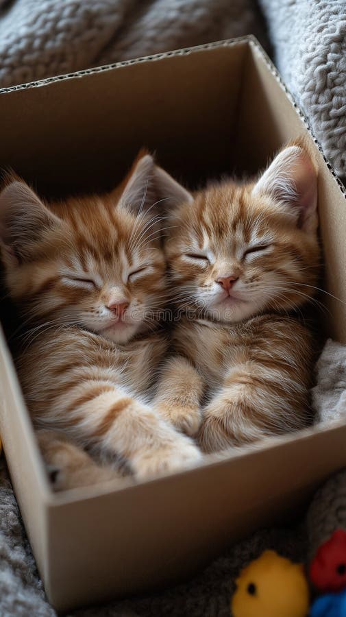 Două pisicuțe curbate împreună într-o cutie de carton mică royalty free stock photo