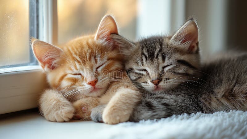 Două pisicuțe drăguțe care stau unul lângă altul pe o fereastră însorită, cu un sistem de iluminare moale, care le îmbunătățește b stock photography