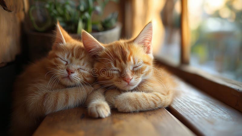 Două pisicuțe drăguțe care stau unul lângă altul pe o fereastră însorită, cu un sistem de iluminare moale, care le îmbunătățește b royalty free stock photography