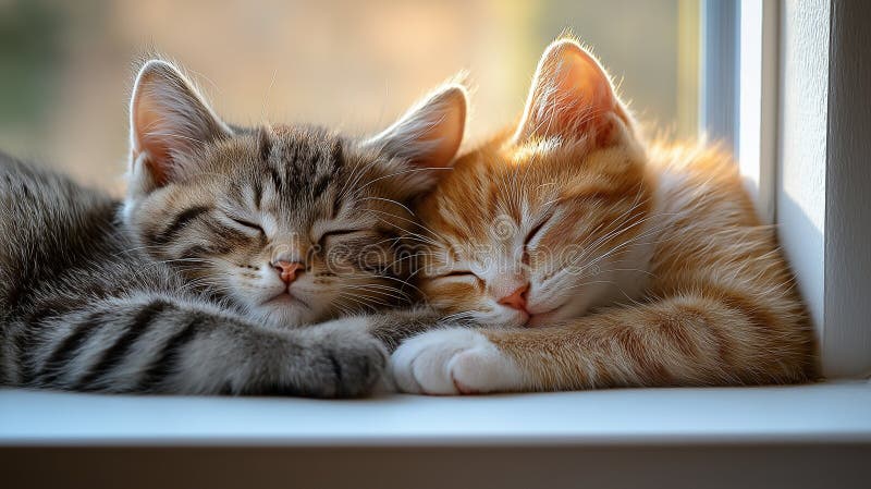 Două pisicuțe drăguțe care stau unul lângă altul pe o fereastră însorită, cu un sistem de iluminare moale, care le îmbunătățește b royalty free stock photos
