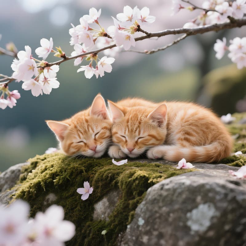 Două pisicuțe drăguțe de ghimbir dorm sănătos pe piatra mosscoved sub flori de cireș 8K stock image