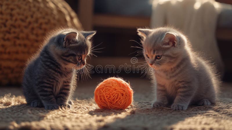Două pisicuțe gri adorabile jucându-se cu o bilă de fire în lumina soarelui stock illustration
