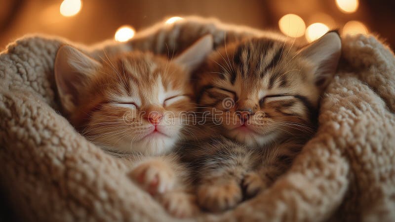 Două pisicuțe mici, așezate unul lângă altul într-o cutie de carton confortabilă, căptușită cu o pătură moale royalty free stock photo