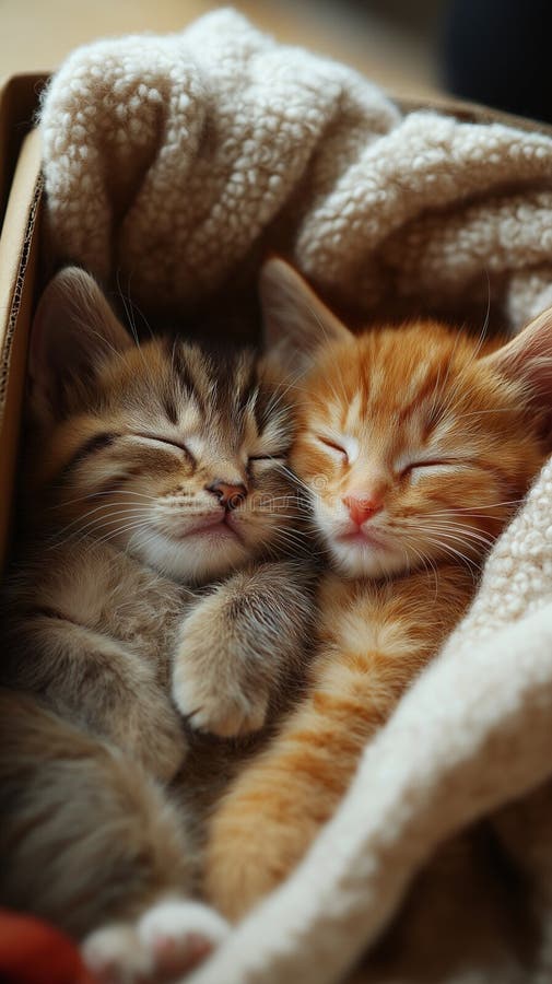 Două pisicuțe mici, așezate unul lângă altul într-o cutie de carton confortabilă, căptușită cu o pătură moale royalty free stock image