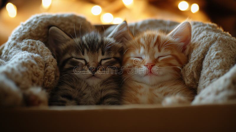 Două pisicuțe mici, așezate unul lângă altul într-o cutie de carton confortabilă, căptușită cu o pătură moale stock photography