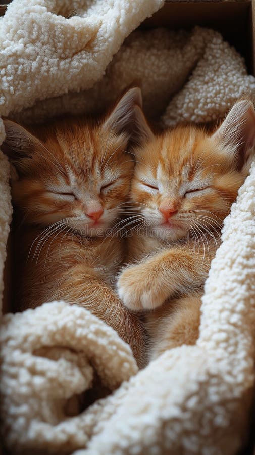 Două pisicuțe mici, așezate unul lângă altul într-o cutie de carton confortabilă, căptușită cu o pătură moale stock photography