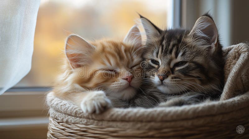 Două pisicuțe pufoase care se înghesuie într-un coș cu o fereastră royalty free stock photo