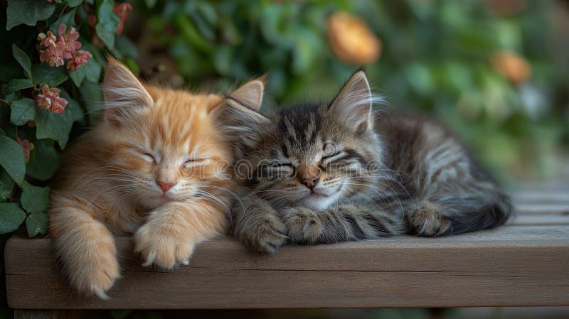 Două pisicuțe pufoase, curbate pe o bancă de lemn într-o grădină înconjurată de lumină de primăvară stock image